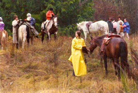 Three horses on an open field. One has a rider, one has just a saddle, and in the foreground is a young woman in a long yellow raincoat.