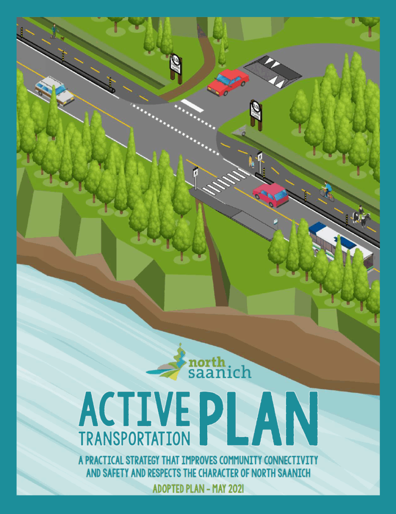 Colourful illustration of roads, trees, and a waterfront, depicting an active transportation plan.