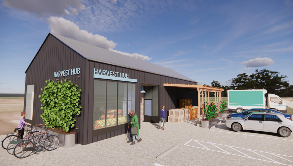 A modern market building with large windows, bicycles parked outside, and a delivery vehicle nearby.